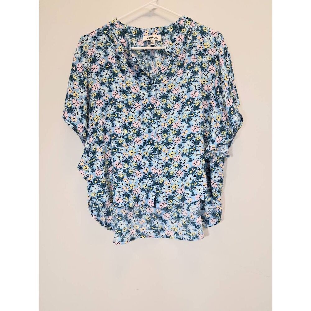Vinton womens xl blouse pink blue floral motif peasant cottagecore shirt